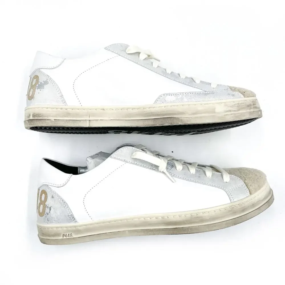 P448‎ John Lama Sneaker White Silver Lace Up Low Top Leather Sz 41 / 10.5